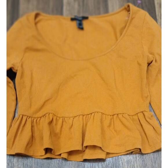 Juniors Small Cropped Peplum Long Sleeve Top Rust Ochre Yellow Boho Y2K - Picture 4 of 9